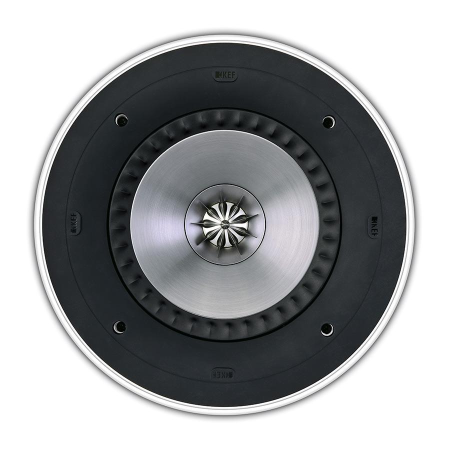 Čelní detail KEF Ci 200RR-THX bez mřížky — viditelný měnič Uni-Q s tangerine waveguide a hliníková membrána basového měniče