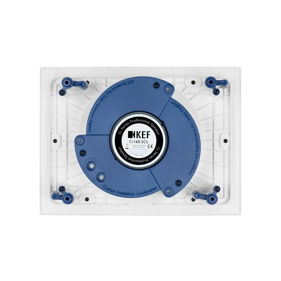 KEF Ci160.2CL zadní pohled — modré dogleg klipy a štítek Custom Installation Loudspeaker