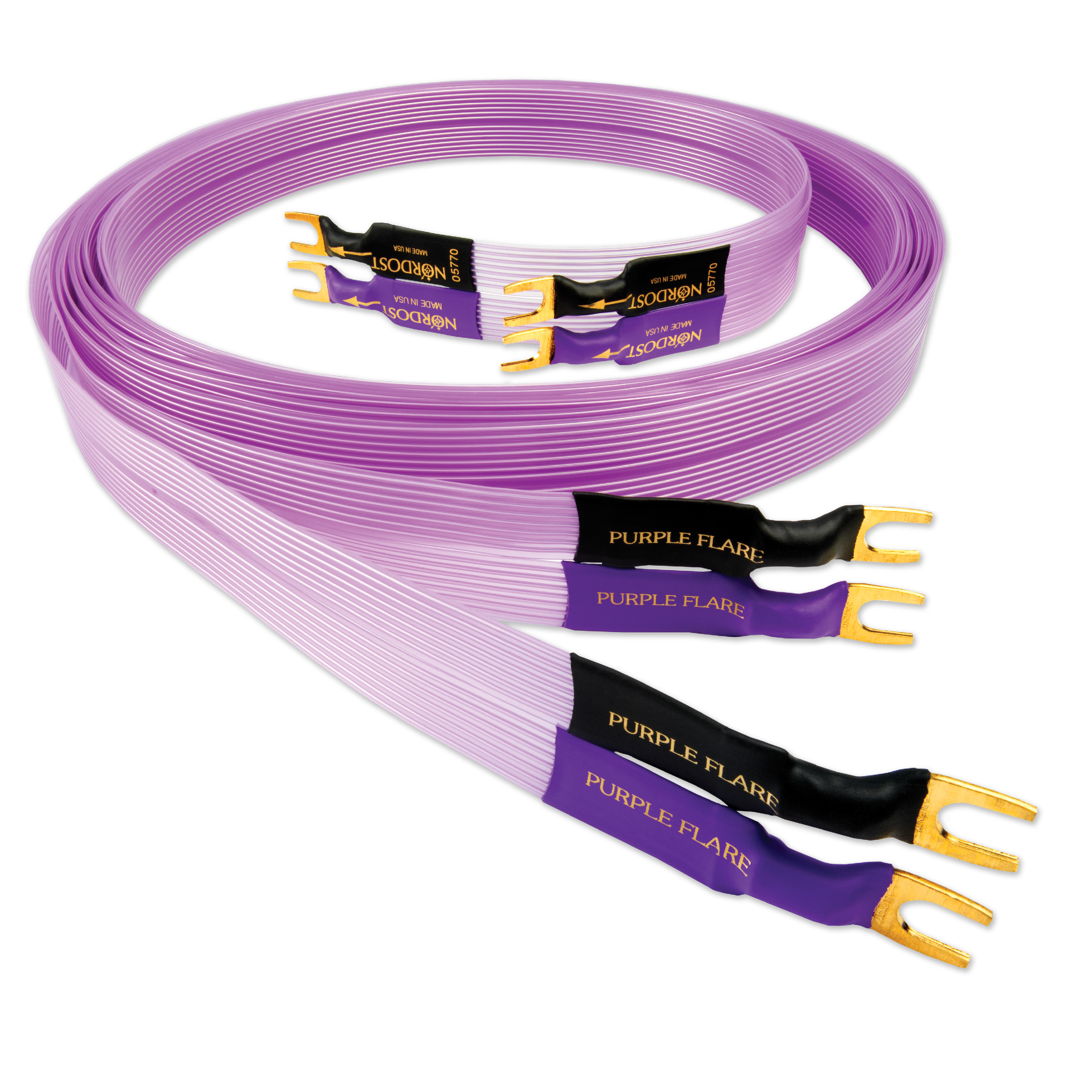 Nordost Purple Flare speaker cable - Vidlice — celkový pohled na plochý kabel s pozlacenými vidlicemi