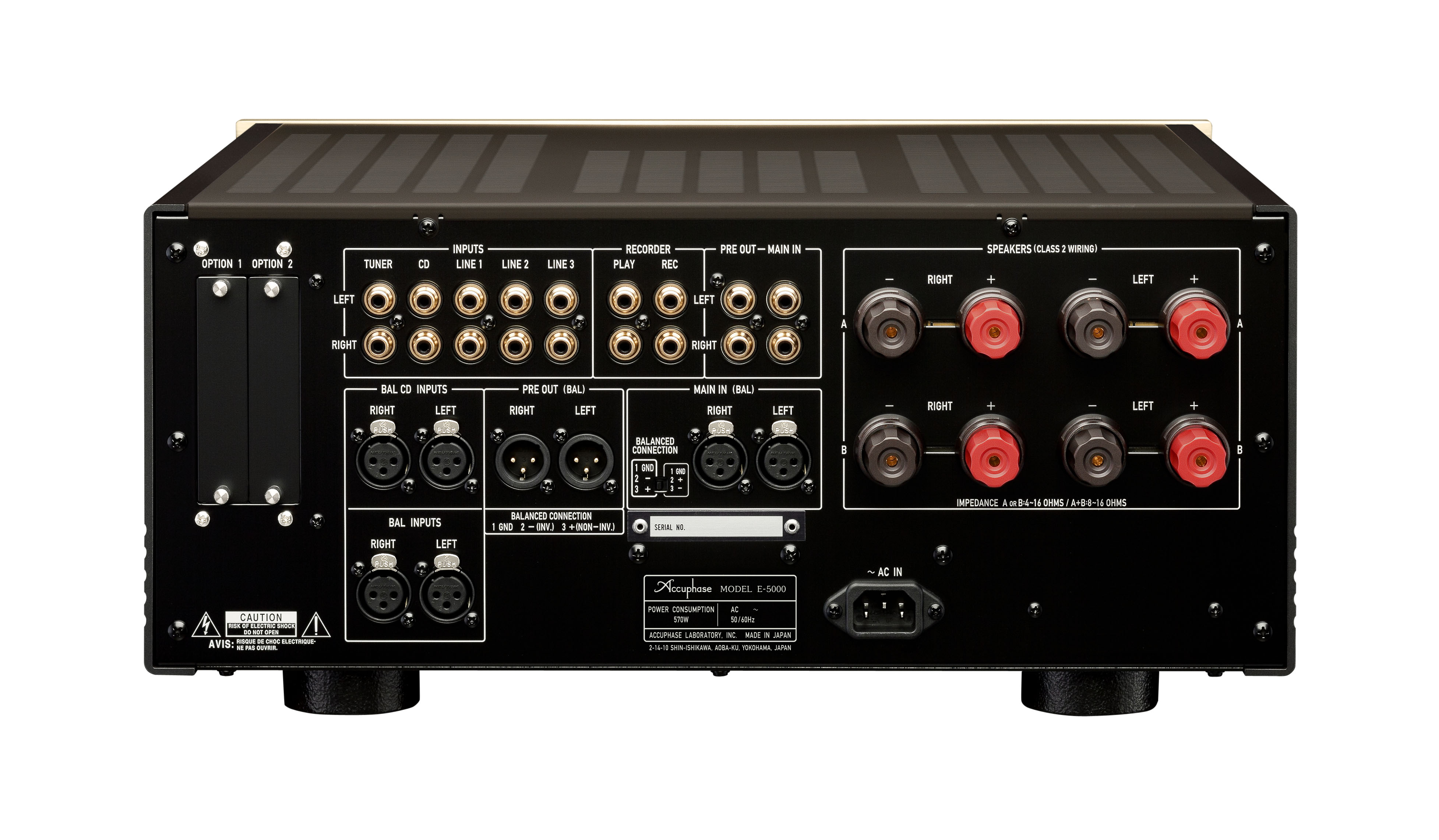 Zadní panel Accuphase E-5000 — symetrické XLR i nesymetrické vstupy, PRE OUT / MAIN IN a dva páry reproduktorových terminálů