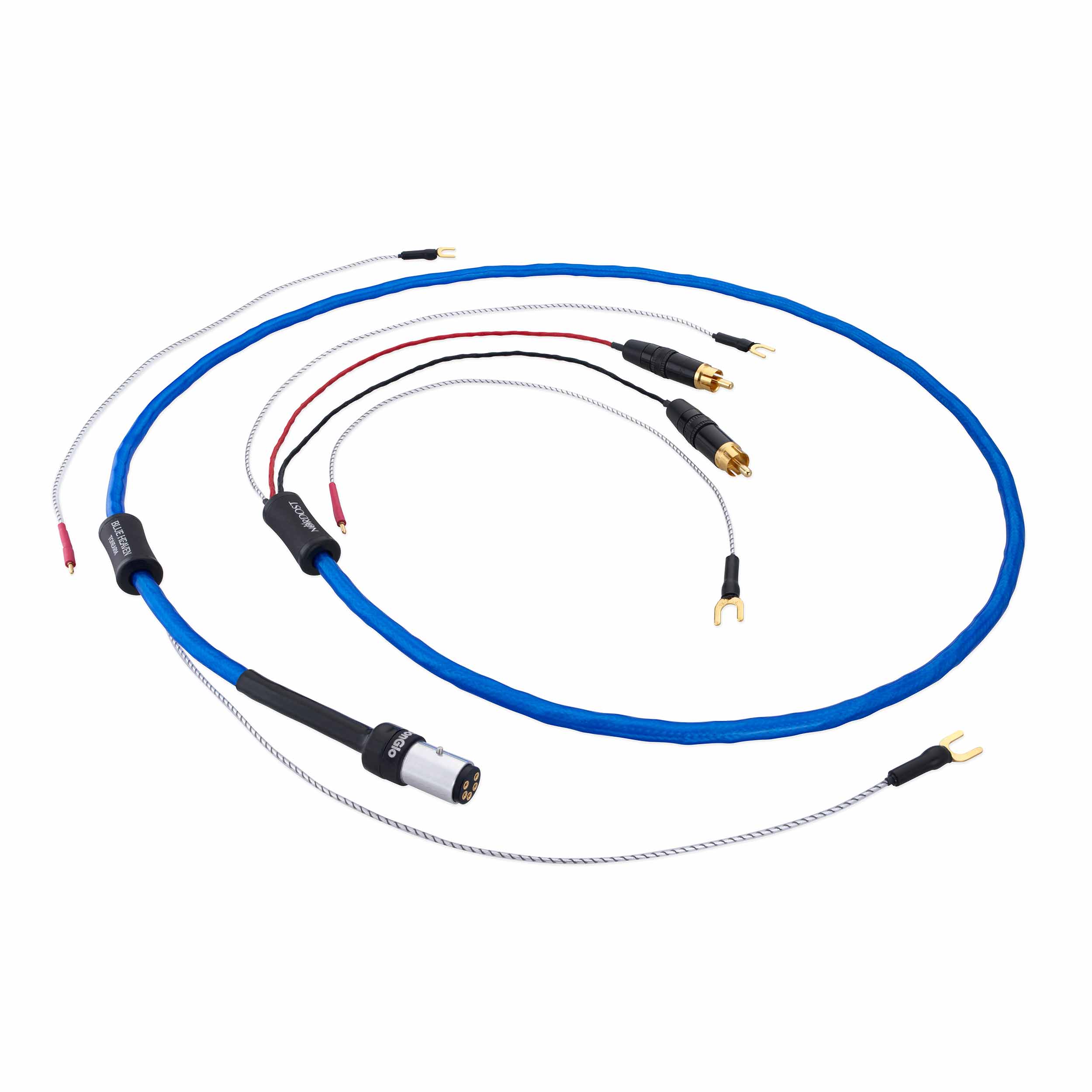 Nordost Blue Heaven gramofonový kabel s modrým pláštěm, výstupem DIN, dvojicí RCA konektorů a odnímatelnými zemními vodiči s vidličkami
