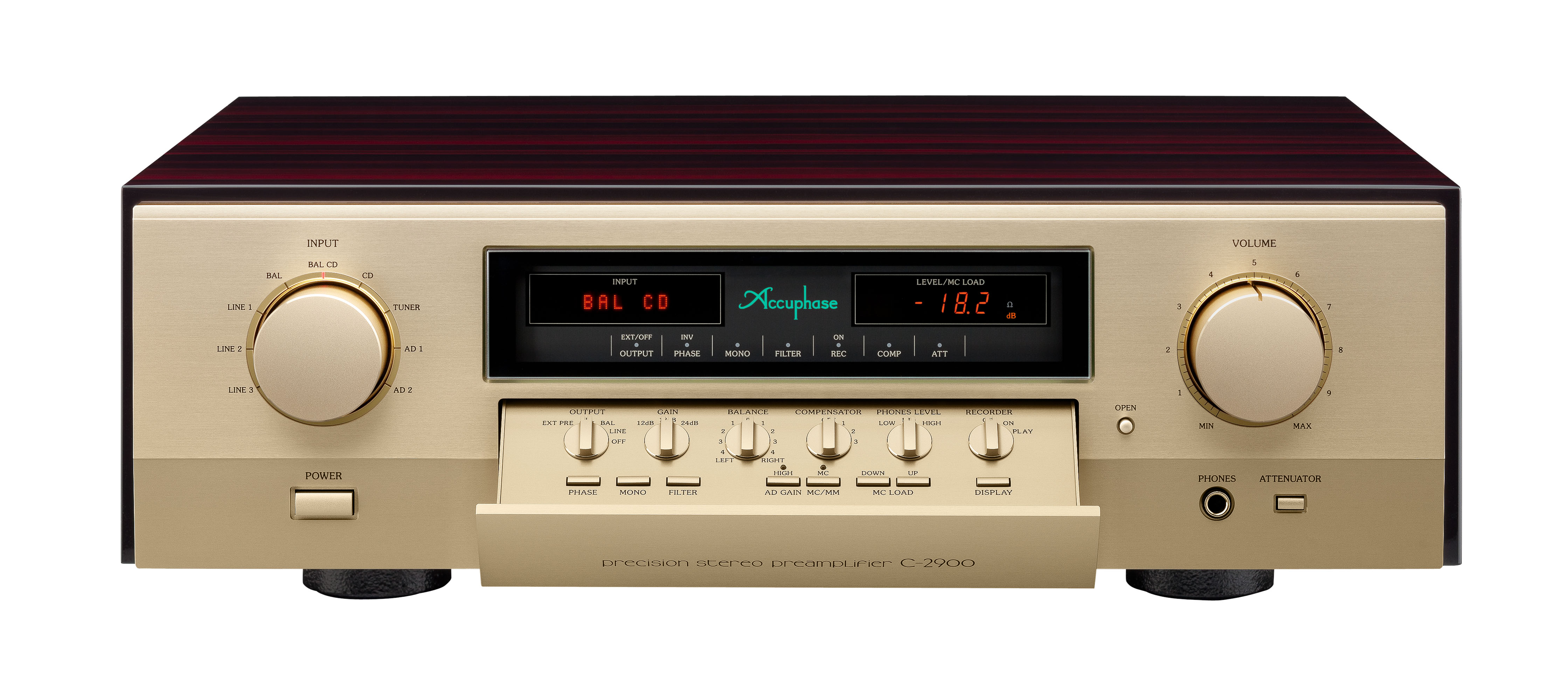 Accuphase C-2900 s otevřenou spodní lištou — odkrytá sekce jemného nastavení s ovladači vyvážení, kompenzátoru a citlivosti gramofonového vstupu