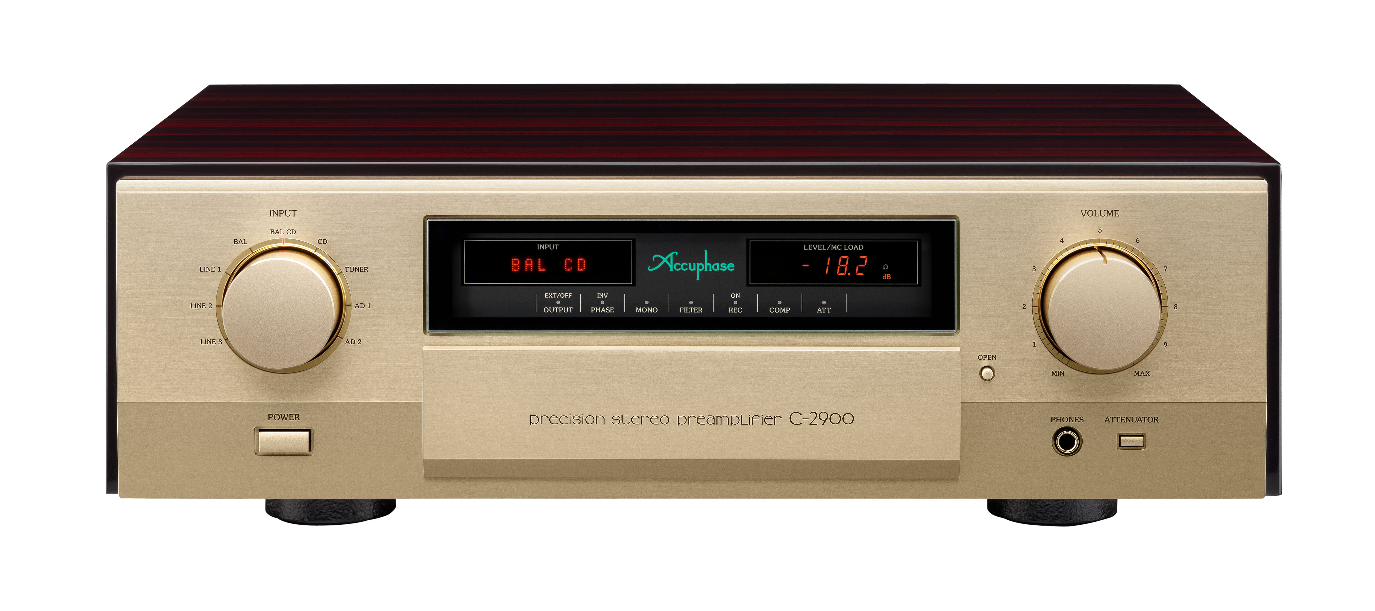 Accuphase C-2900 zepředu — champagne zlatý čelní panel se dvěma velkými otočnými ovladači, displejem a dřevěnými bočnicemi