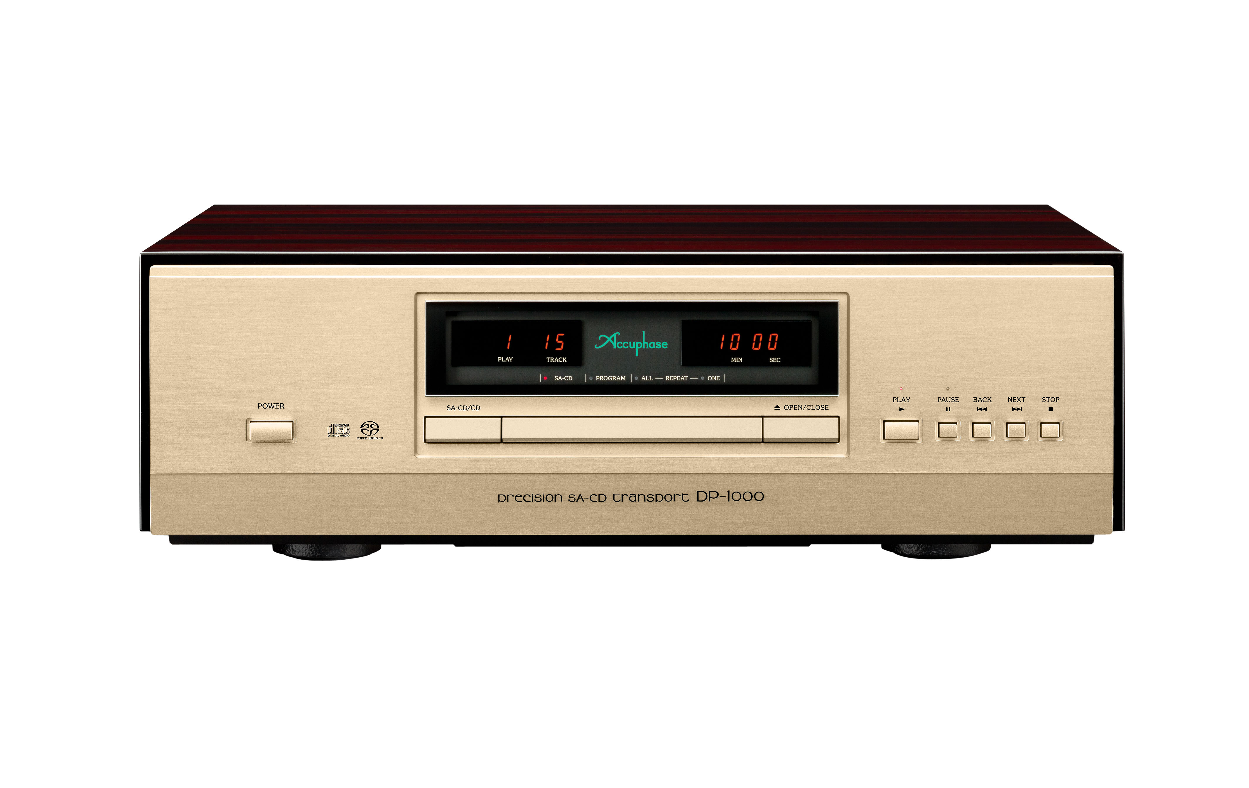Čelní pohled na Accuphase DP-1000 se champagne-gold maskou, displejem a popisem precision SA-CD transport
