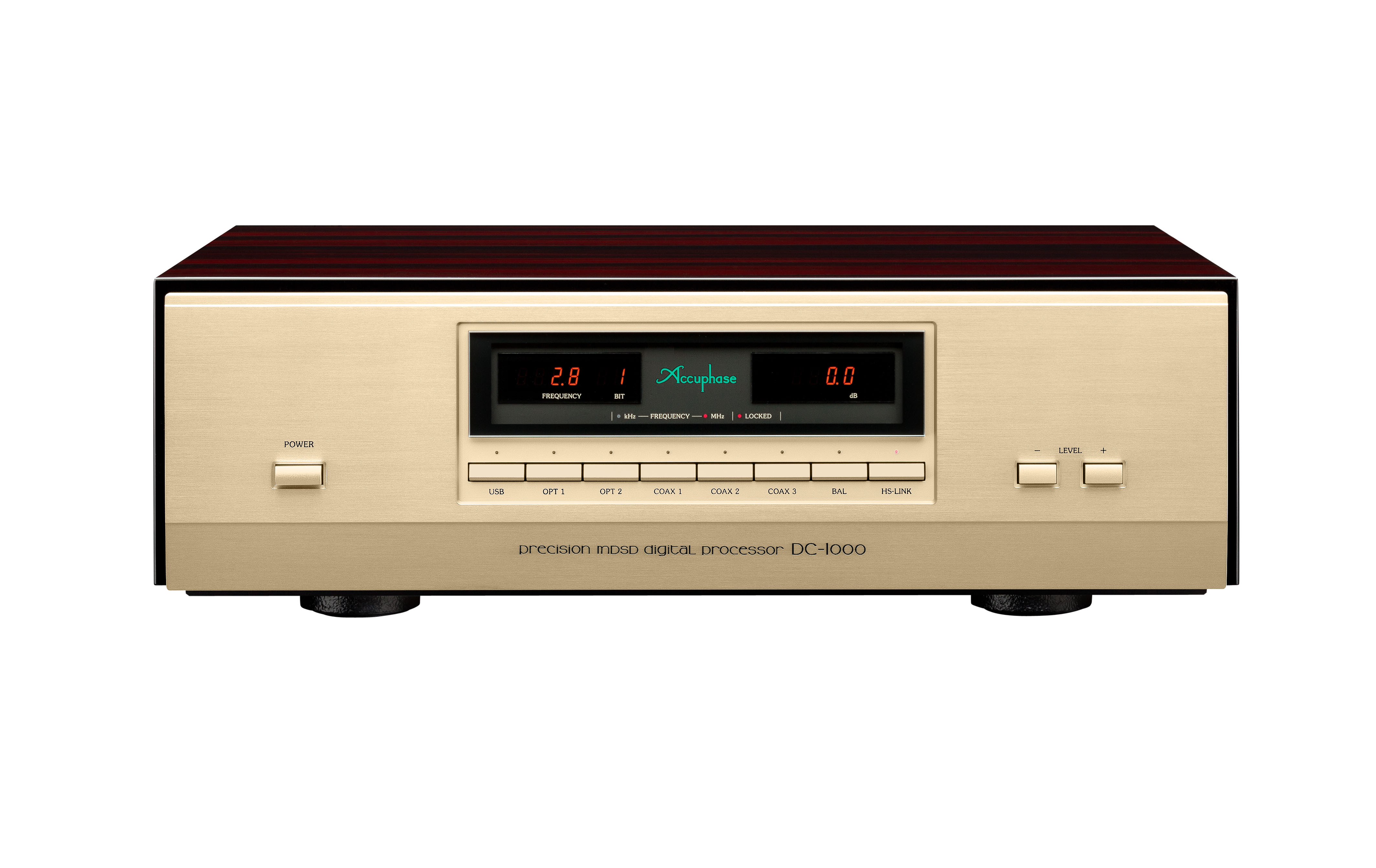 Čelní panel Accuphase DC-1000 s displejem zobrazujícím vzorkovací frekvenci, bitovou hloubku a úroveň výstupu
