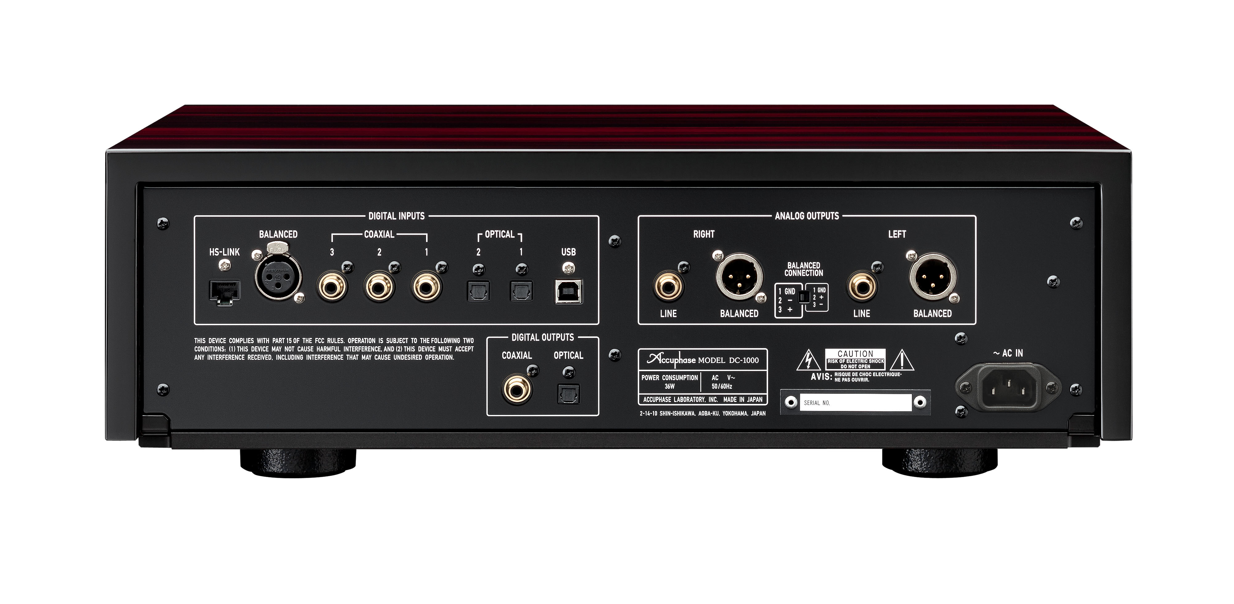 Zadní panel Accuphase DC-1000 s digitálními vstupy HS-LINK, BALANCED, COAXIAL a OPTICAL, vstupem USB a symetrickými i nesymetrickými analogovými výstupy