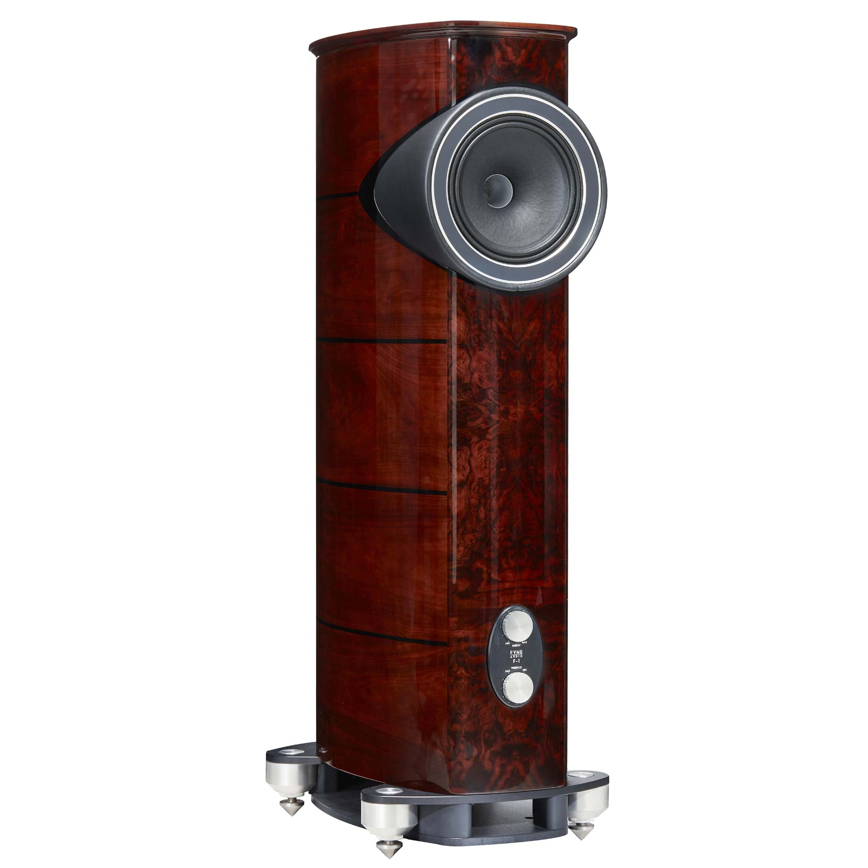 Fyne Audio F1-10S ze tříčtvrtečního pohledu — zaoblený kabinet z ořechové dýhy a koaxiální měnič IsoFlare v horní části