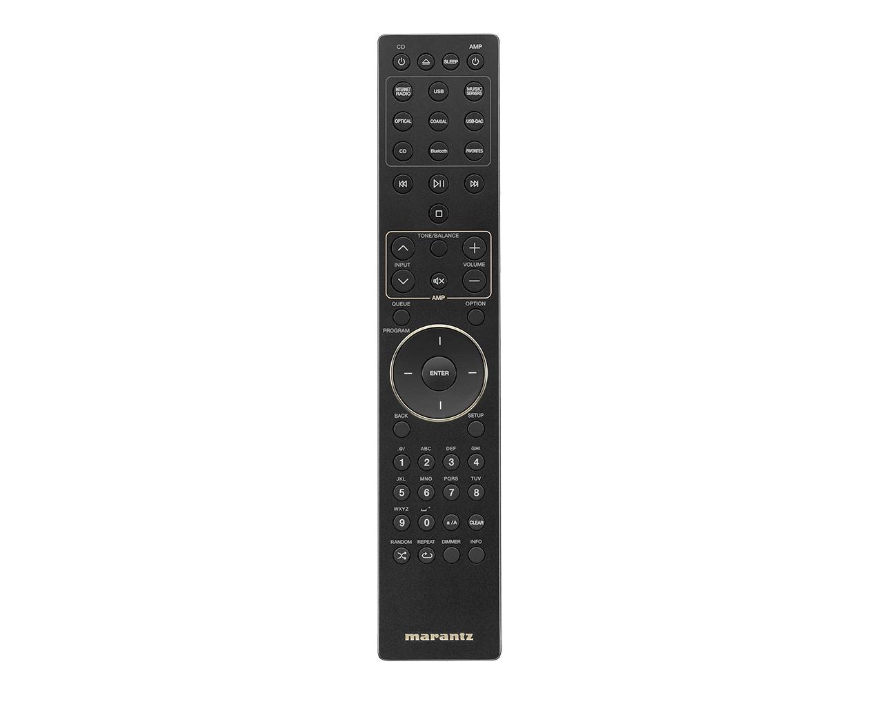 Systémový dálkový ovladač Marantz s ovládáním sekcí CD a AMP, vstupů, hlasitosti a navigace