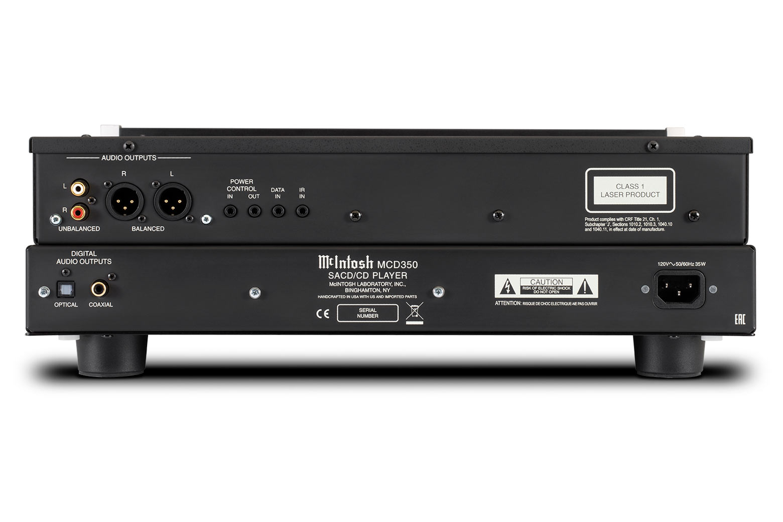 Zadní panel McIntosh MCD350 — nesymetrické RCA výstupy, symetrické XLR výstupy a digitální koaxiální i optický výstup