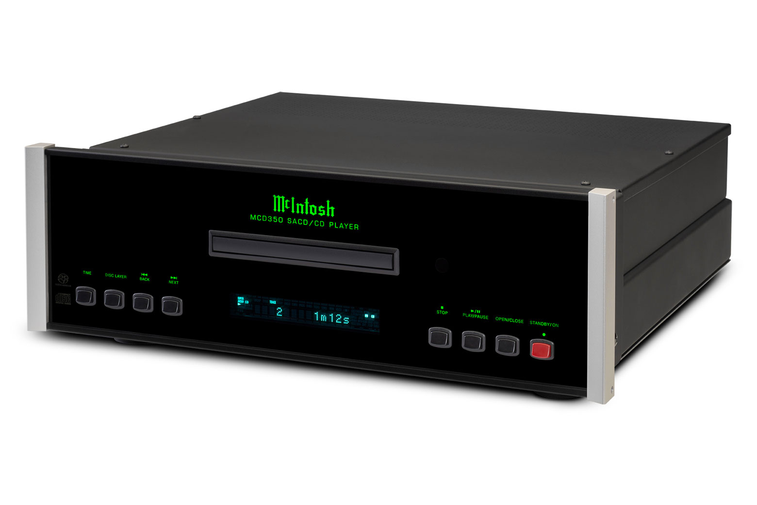McIntosh MCD350 z úhlu — celé tělo přehrávače s černým čelem, hliníkovými sloupky a perforovaným ocelovým krytem