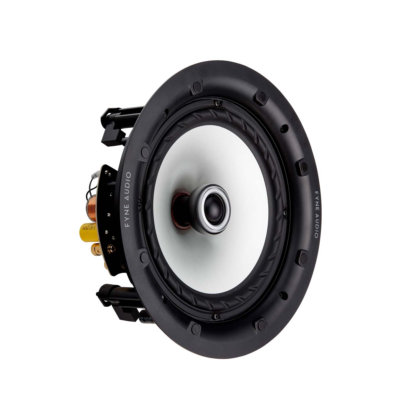 Vestavný koaxiální reproduktor Fyne Audio FA302iC s bílým kuželem, středovým výškovým měničem, kruhovým rámem a výklopnými montážními zámky