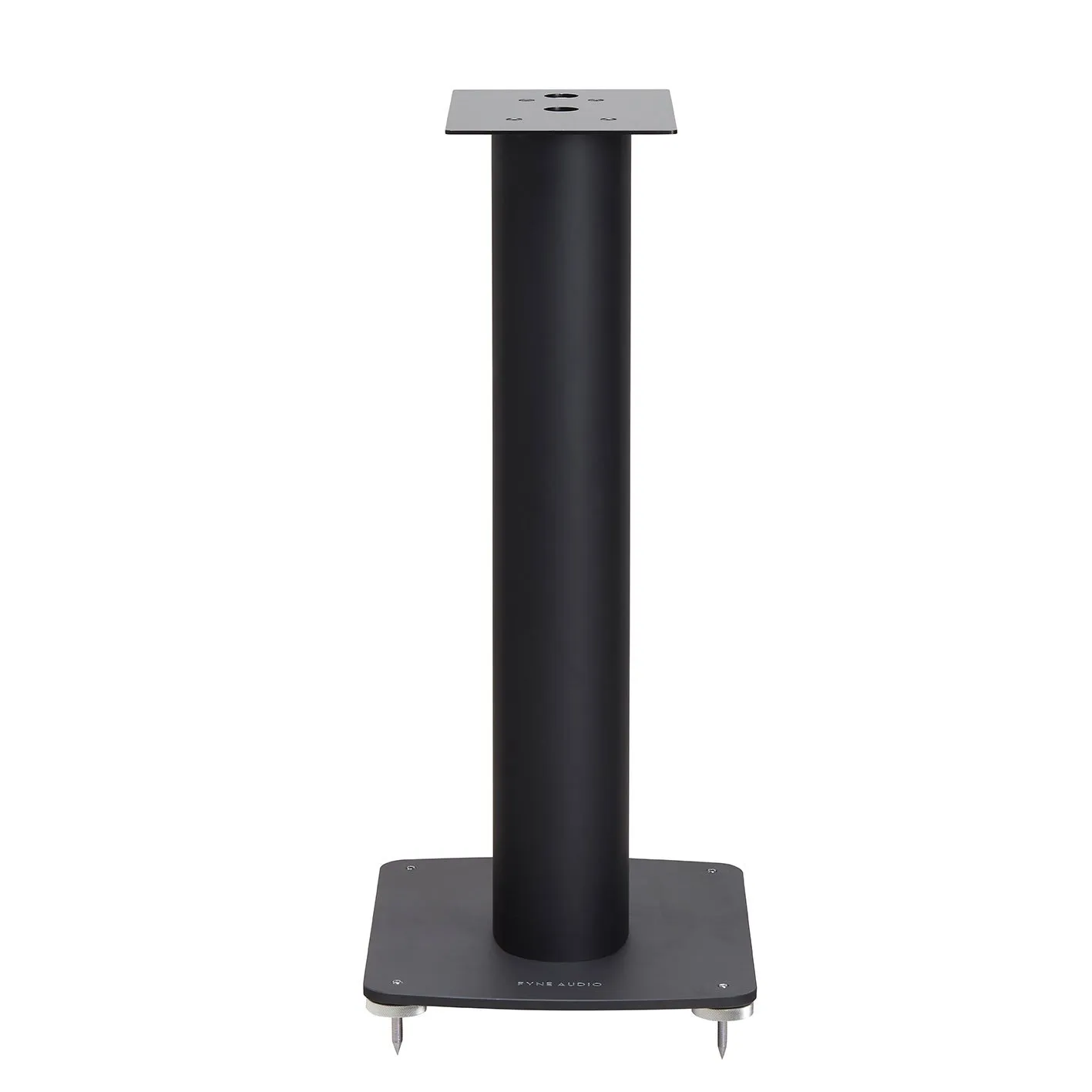 Černý stojan Fyne Audio FS6 s hliníkovým středovým sloupkem, ocelovou horní deskou a základnou s hroty, pohled zepředu