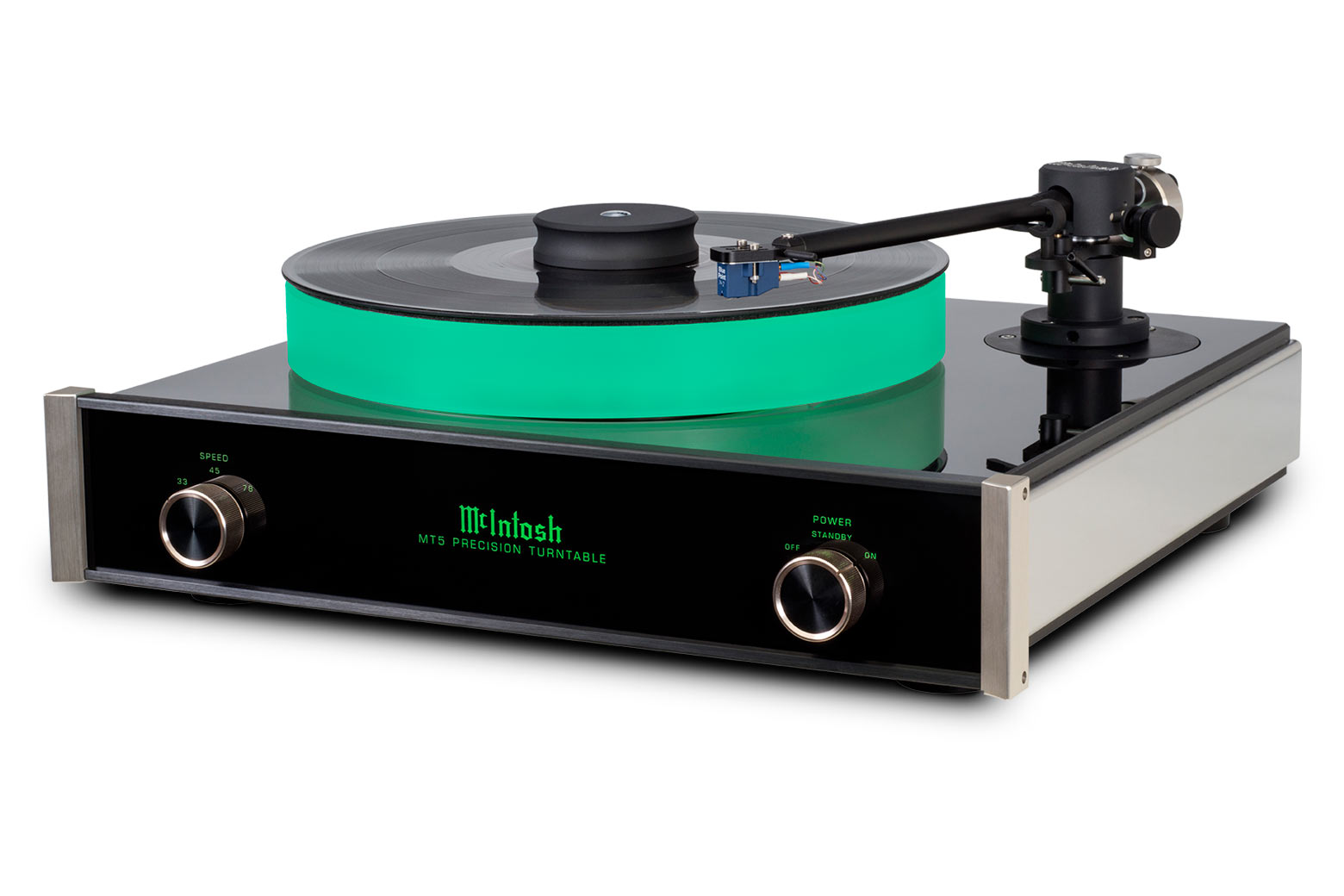 McIntosh MT5 z úhlu s podsvíceným čelním panelem, zelenou hranou talíře a modrou přenoskou