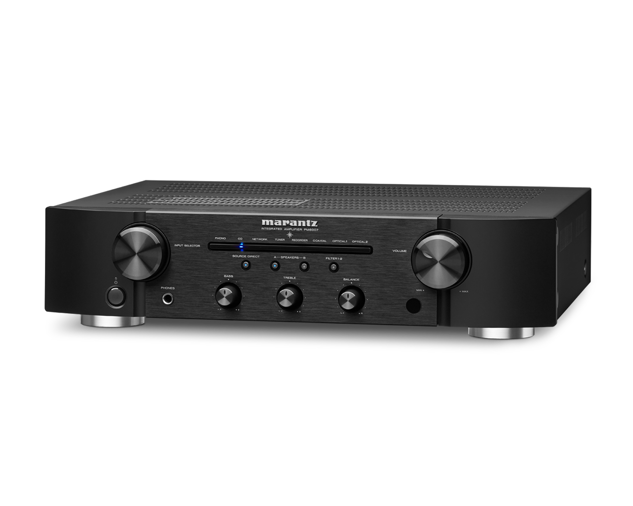 Marantz PM6007 z bočního úhlu s detailem ovládacích prvků a displeje