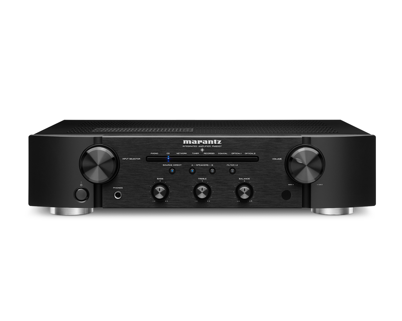 Detail čelního panelu Marantz PM6007 s ovladačem hlasitosti a volbou vstupů