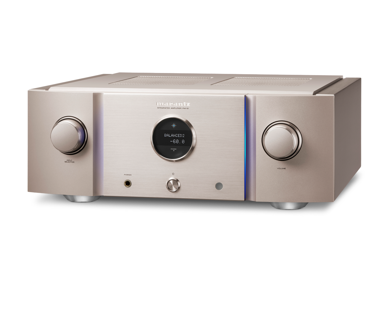 Marantz PM-10 ve stříbrno-zlatém provedení v pohledu zešikma