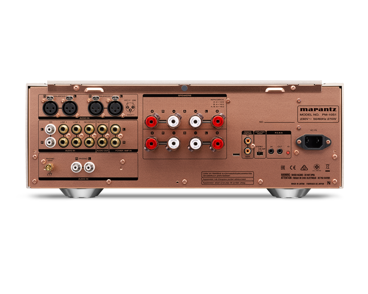 Detail zadního panelu Marantz PM-10 s reproduktorovými terminály a vstupy