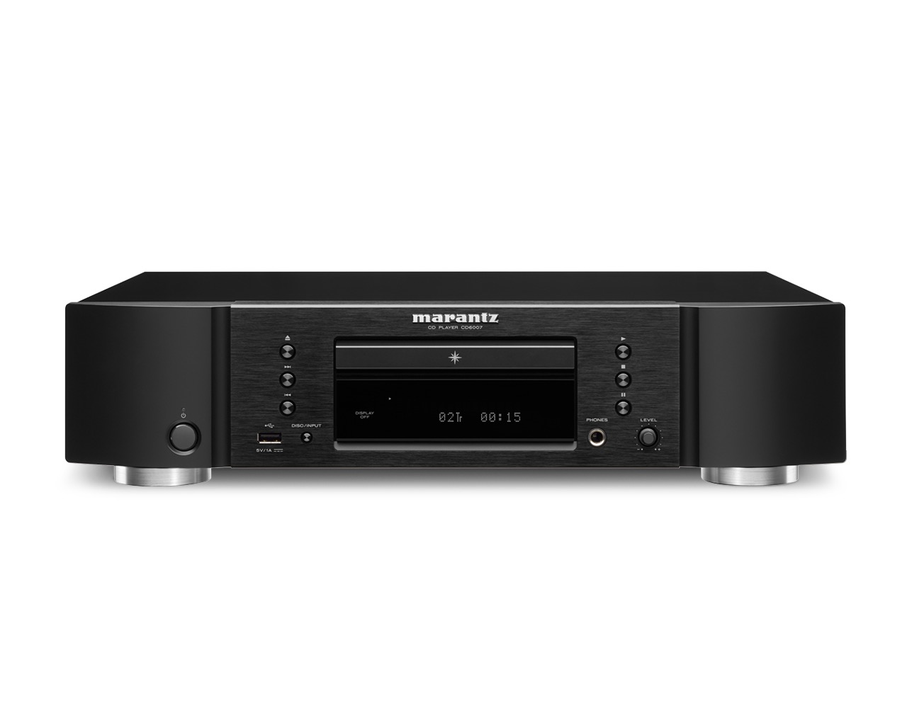 Marantz CD6007 — detail předního panelu s USB vstupem a ovladačem hlasitosti sluchátek