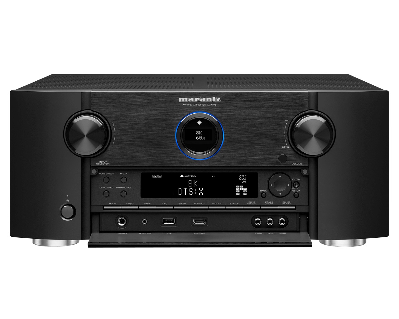 Zadní panel Marantz AV7706 s konektory XLR, RCA a HDMI vstupy