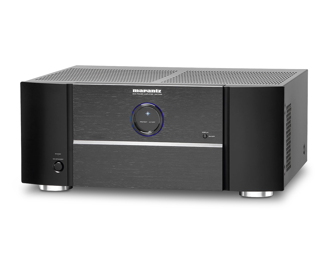 Marantz MM7055 — čelní pohled na pětikanálový koncový zesilovač v černém provedení