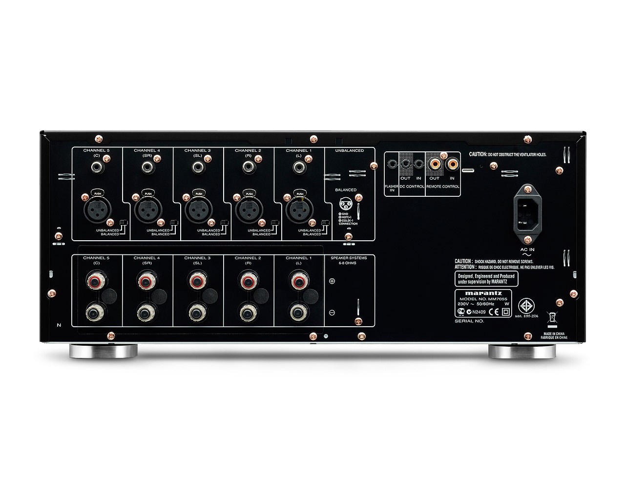 Marantz MM7055 — zadní panel s reproduktorovými svorkami, vstupy XLR, cinch a spínací sběrnicí