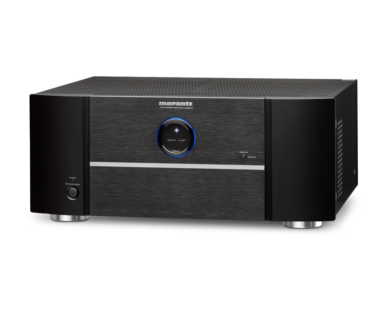 Marantz MM8077 v šikmém pohledu &ndash; sedmikanálový výkonový zesilovač v černém provedení s poměděným šasi