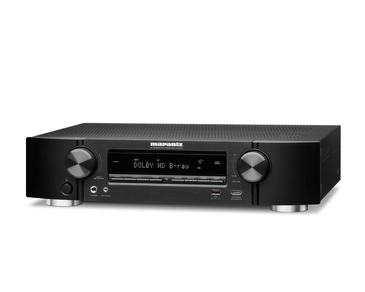 AV receiver Marantz NR1510 v černém provedení, čelní pohled zešikma na nízký profil šasi