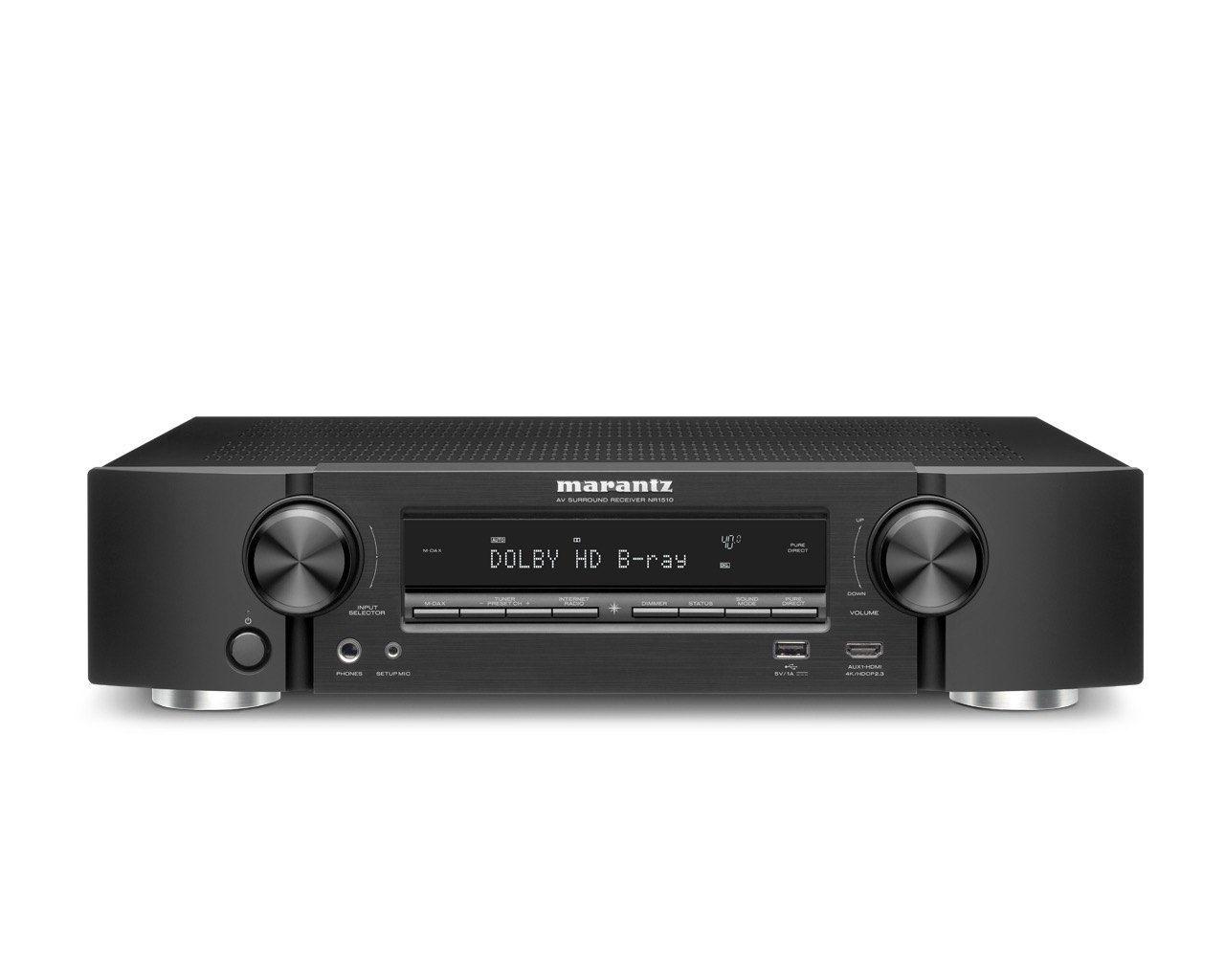 Čelní panel AV receiveru Marantz NR1510 s displejem a ovládacími prvky