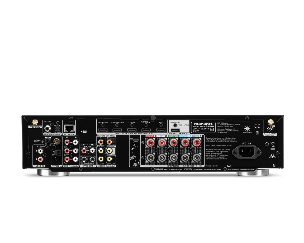 Zadní panel AV receiveru Marantz NR1510 s konektory HDMI a reproduktorovými svorkami