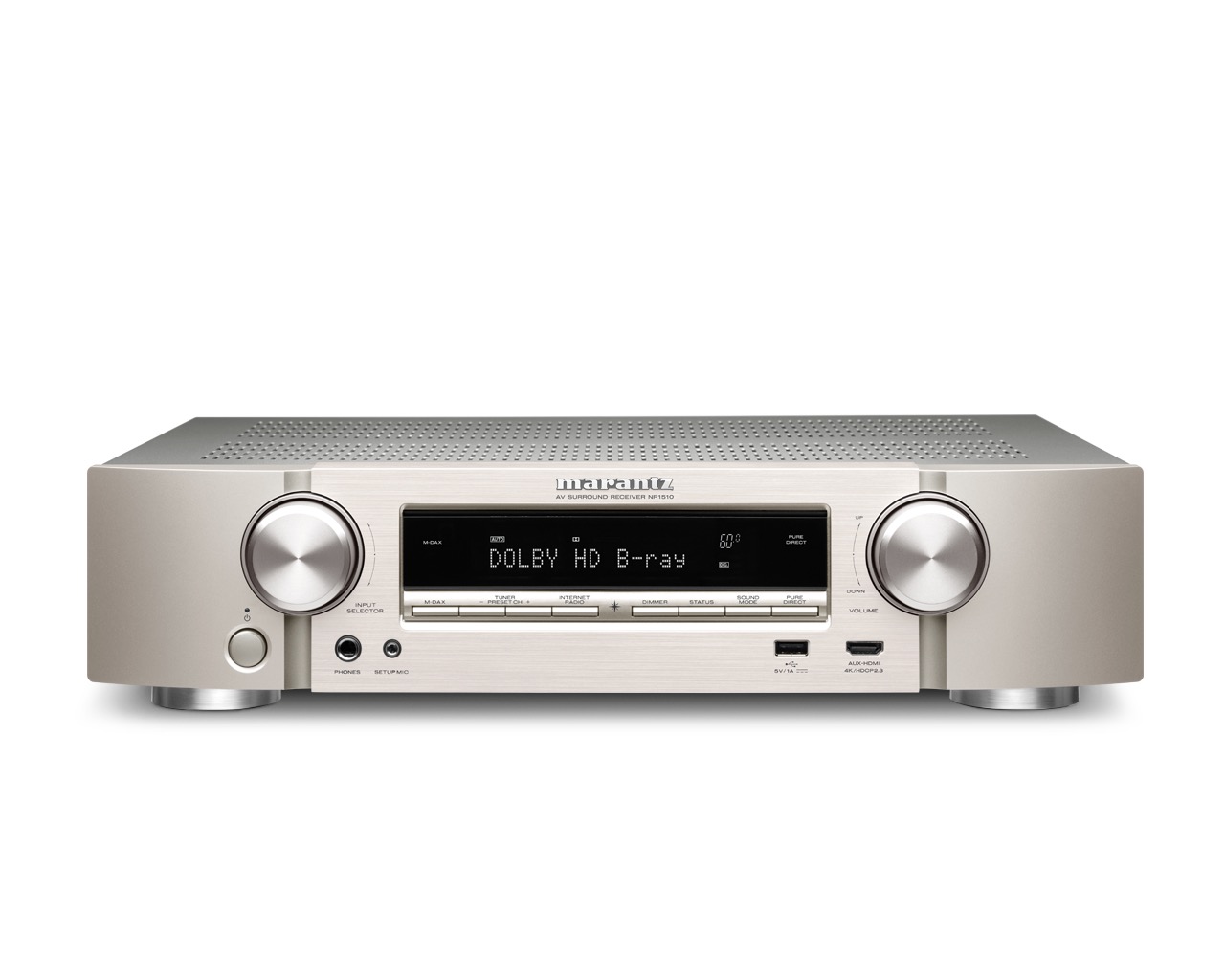 AV receiver Marantz NR1510 ve stříbrno-zlatém provedení, čelní pohled