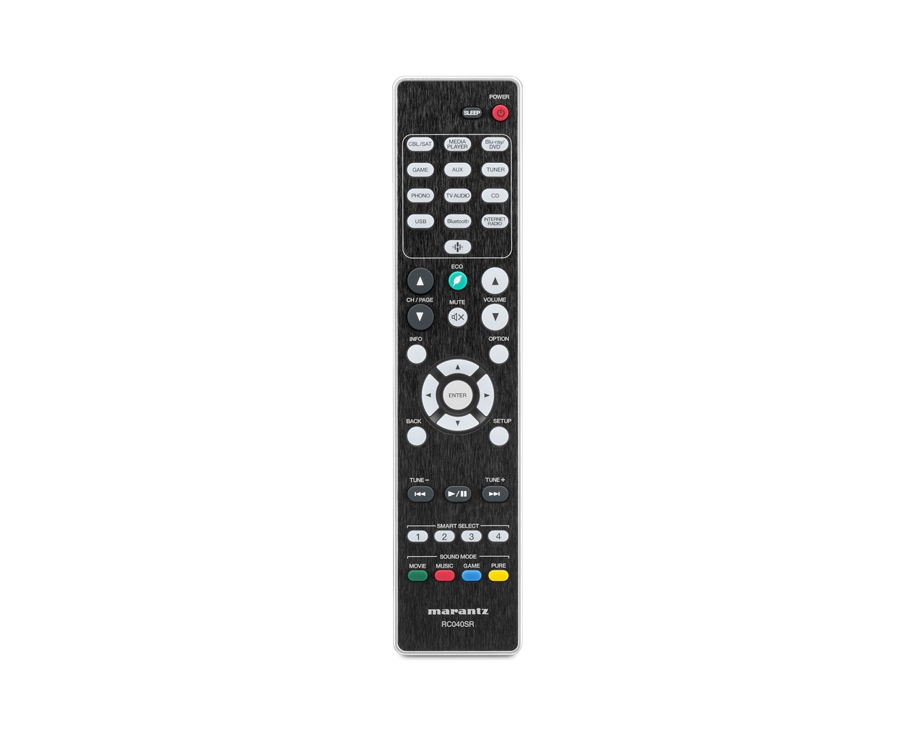 AV receiver Marantz NR1510 v sestavě domácího kina, pohled shora zešikma