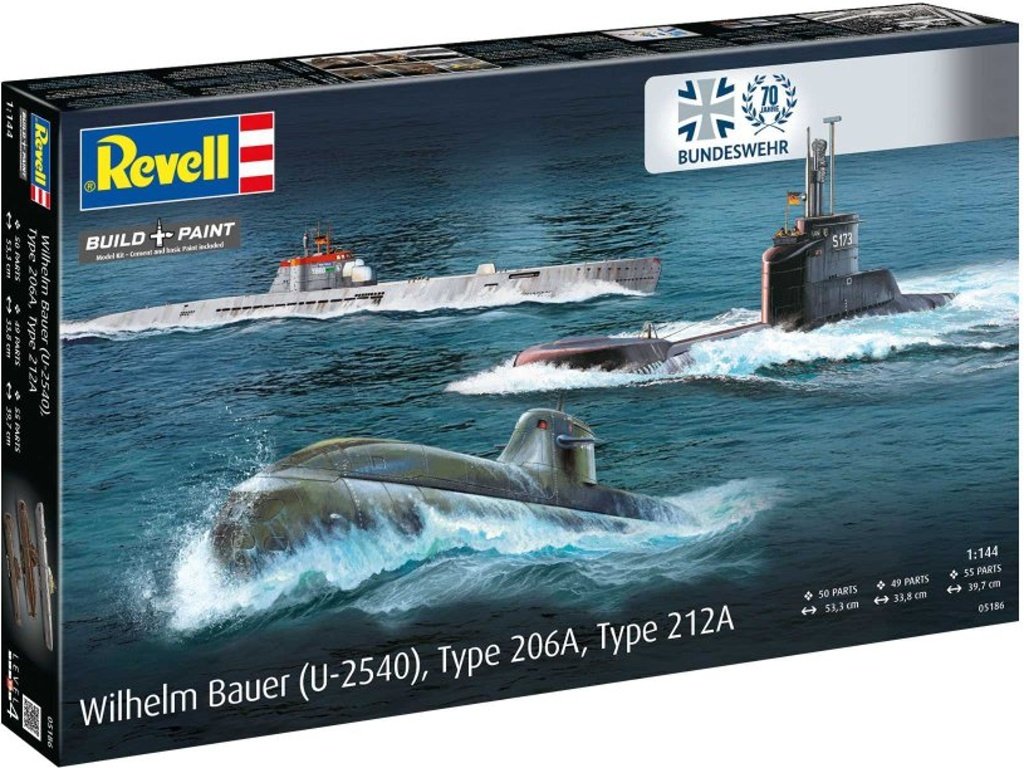 Revell - 70 Years Bundeswehr:Wilhelm Bauer,Type 206A,Class2, Plastic ModelKit ponorky 05186, 1/144