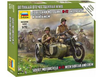 Zvezda - motocykl M-72 s postranním vozíkem a posádkou, sovětská armáda, Wargames (WWII) figurky 6277, 1/72