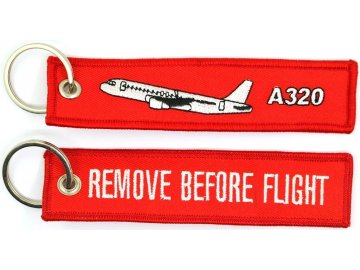 MegaKey - přívěsek REMOVE BEFORE FLIGHT /  Airbus A320 - oboustranný, vyšívaný, 13 x 3 cm