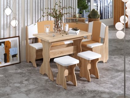 Rohová lavice KNEZ SET, dub sonoma. koženka káva + bílá stůl a taburety v ceně