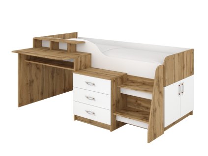 Patrová postel SPEYS, 90 x 200 cm, s psacím stolem a komodou | DUB TACHO + BÍLÁ