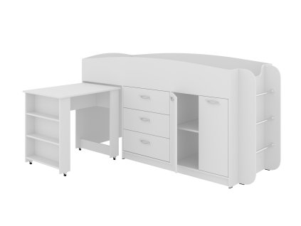 Patrová postel POLUS, 80 x 190 cm, s psacím stolem a komodou | BÍLÁ