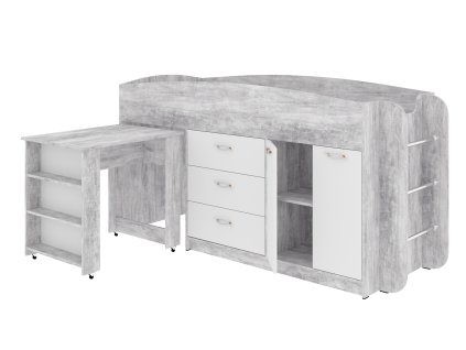 Patrová postel POLUS, 80 x 190 cm, s psacím stolem a komodou | BETON + BÍLÁ