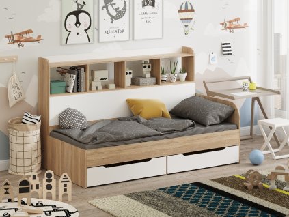 Dětská postel SONYA-6, 90 x 200 cm, se zásuvkami a regály
