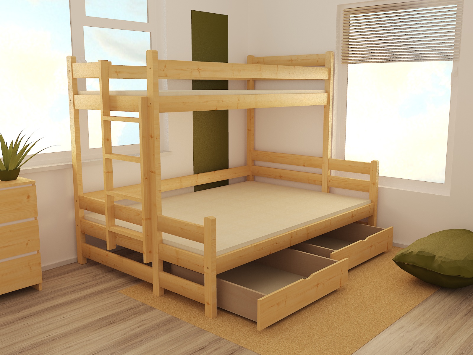 Patrová postel s rozšířeným spodním lůžkem PPS 003 Rozměr: 90/120 x 200 cm, Barva: moření dub, Varianta: vpravo