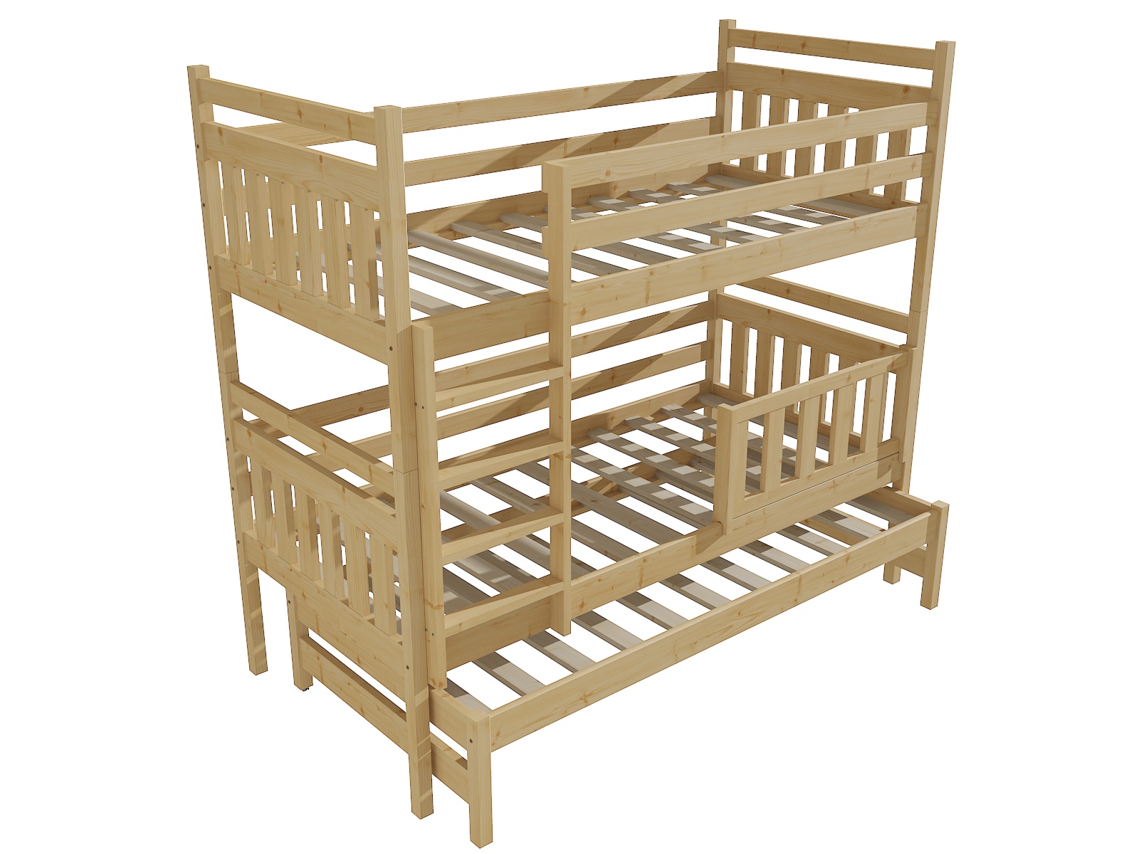 Patrová postel s výsuvnou přistýlkou PPV 004 se zábranou Rozměr: 90 x 190 cm, Prostor mezi lůžky: 80 cm, Barva: surové dřevo