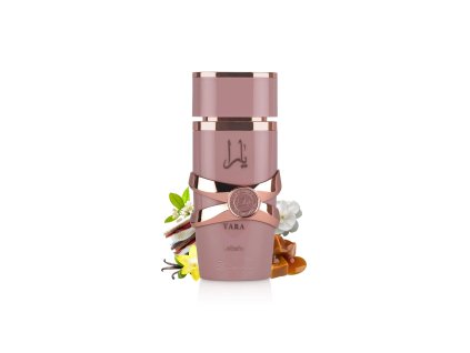 lattafa Yara Elixir perfume bottle surrounded by vanilla and caramel against white background.jpg kópia