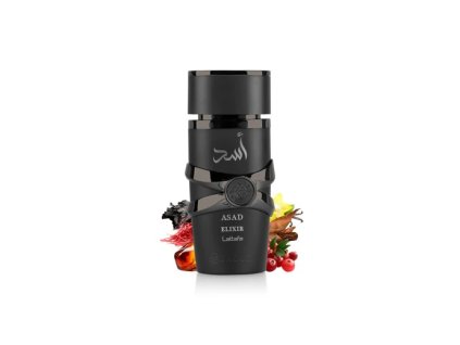 lattafa Asad Elixir perfume black bottle surrounded by amber and saffron against white background.jpg kópia