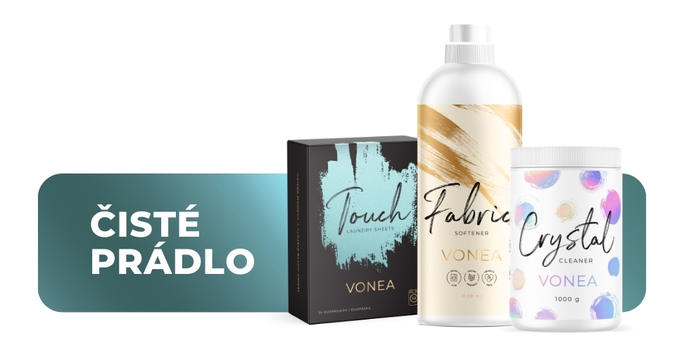 VONEA prostriedky na pranie, pracie pásiky Touch, zmäkčovač prádla a Crystal Cleaner – účinné produkty pre čisté, svieže a hebké prádlo