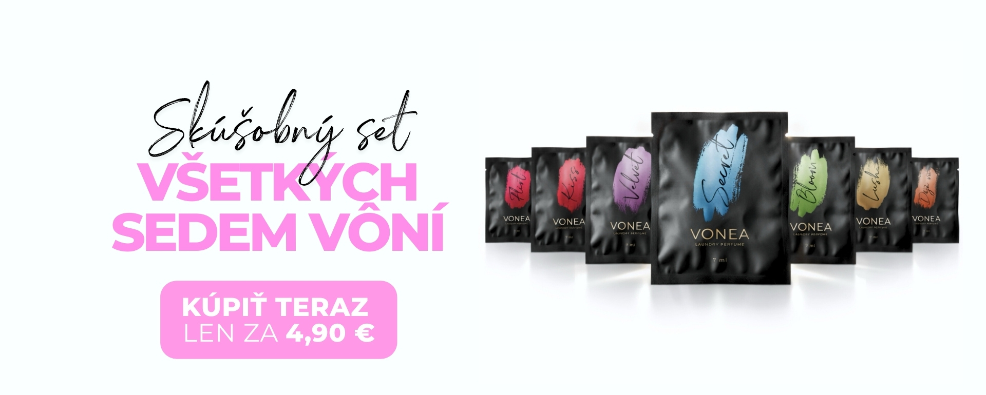 Banner skúšobného setu - vzorky parfumov do prania VONEA so siedmimi ikonickými vôňami.