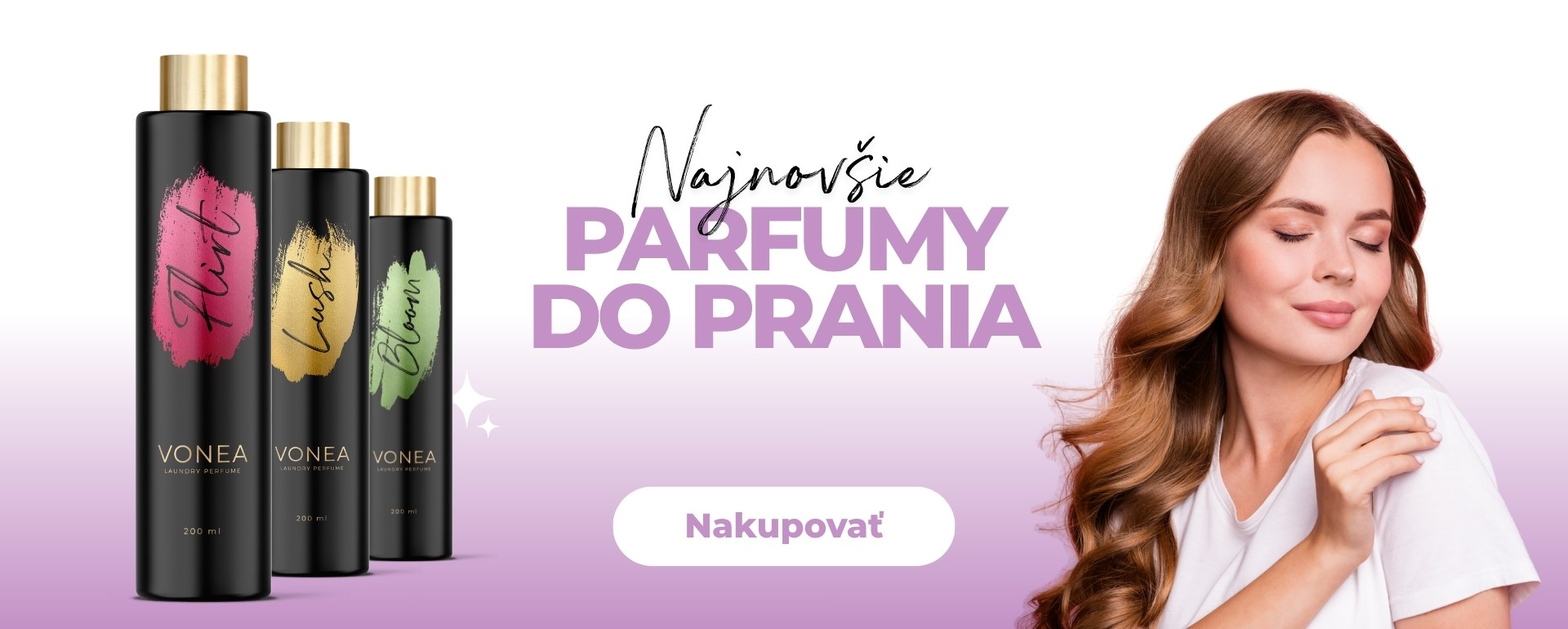 Novinka – parfémy do prania VONEA. Prémiové vône pre svieže a mäkké prádlo, elegantné čierne flakóny so zlatým vrchnákom. Moderná alternatíva k vôňam typu Puella. Parfémy do prania pre voňavý domov