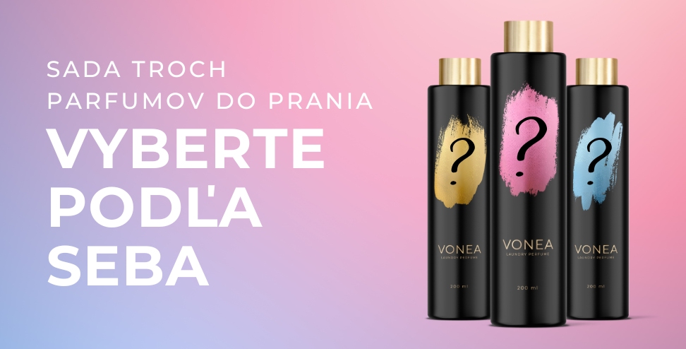 Sada troch parfumov do prania VONEA – vyberte si vône podľa seba. Tri elegantné čierne fľaše na pastelovom pozadí. Parfémy do prania pre voňavý domov.