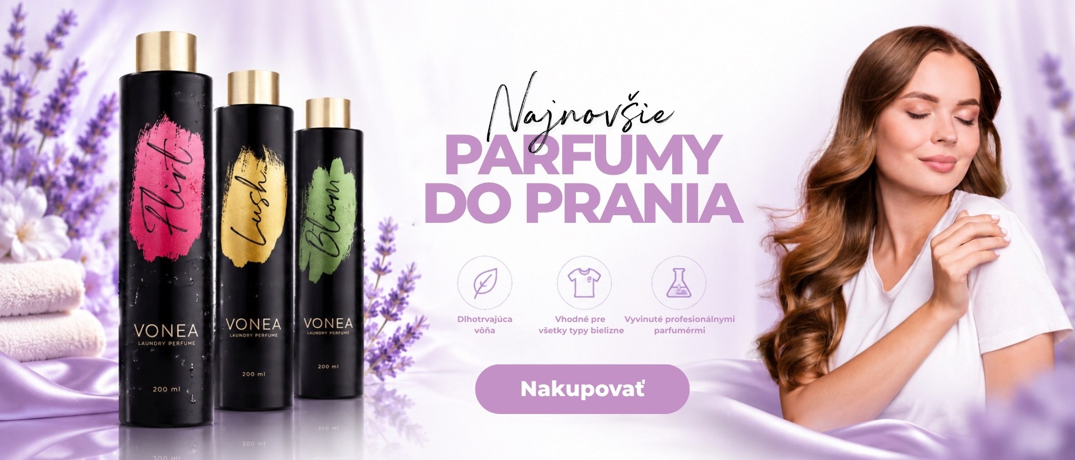 Novinka – parfémy do prania VONEA. Prémiové vône pre svieže a mäkké prádlo, elegantné čierne flakóny so zlatým vrchnákom. Moderná alternatíva k vôňam typu Puella. Parfémy do prania pre voňavý domov