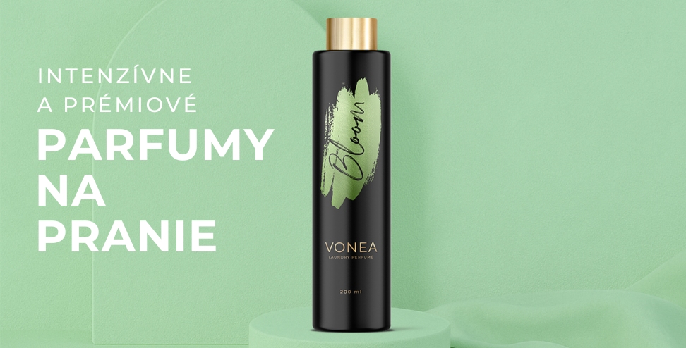VONEA Bloom – intenzívny a prémiový parfum na pranie 200 ml. Luxusná vôňa pre svieže a hebké prádlo. Elegantný čierny flakón so zlatým vrchnákom a zeleným dizajnom – obľúbená alternatíva k parfémom do prania typu Puella.
