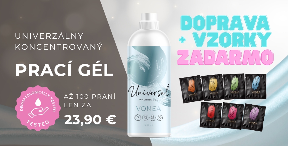 VONEA univerzálny koncentrovaný prací gél 1000 ml – dermatologicky testovaný, vhodný aj pre citlivú pokožku. Akcia: k praciemu gélu získate vzorky parfumov do prania zadarmo.